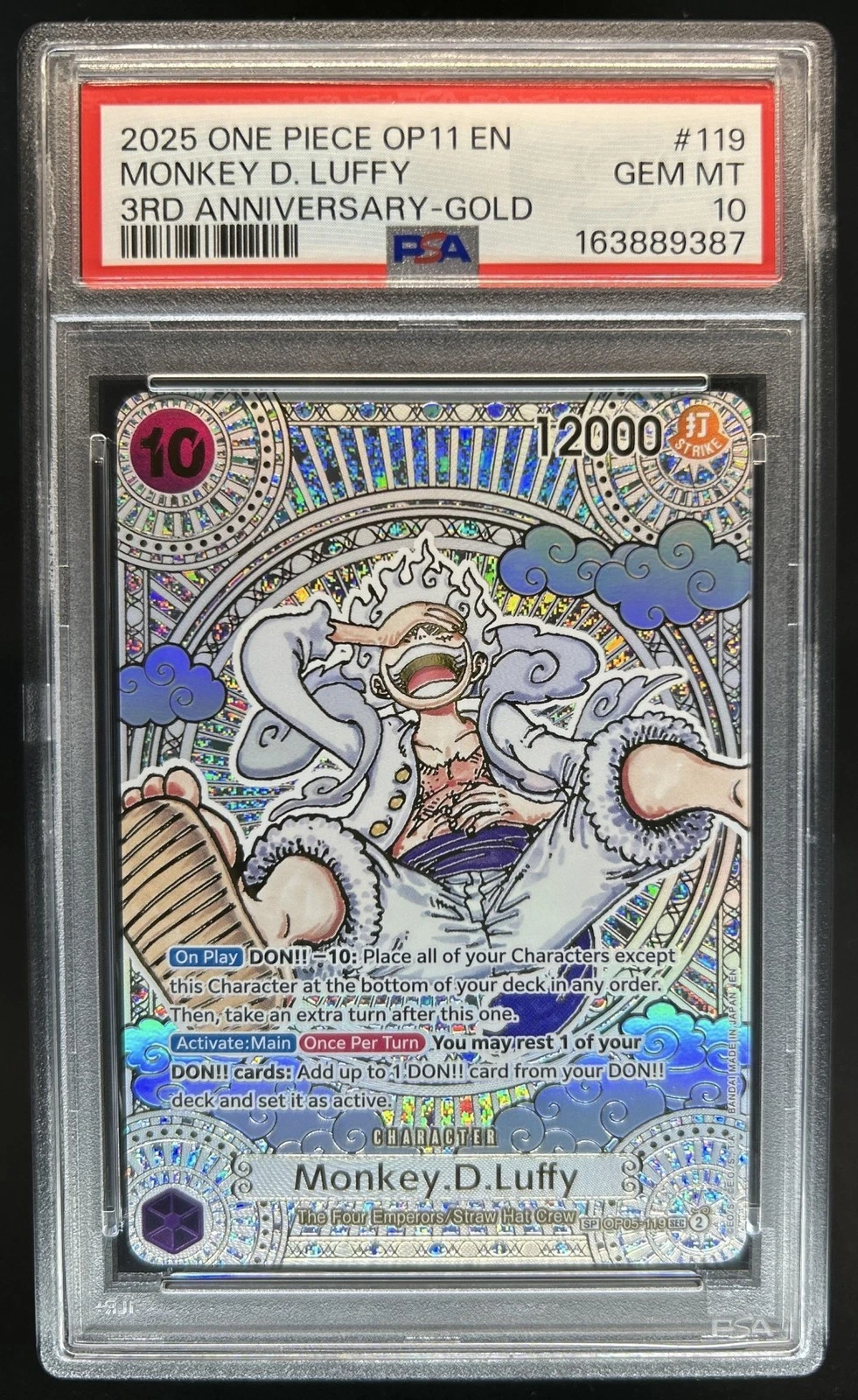 2025 One Piece 3rd Anniversary Gold Monkey D. Luffy Special Card #OP05119 PSA 10 — $16,201, 92 bids, ending today on eBay