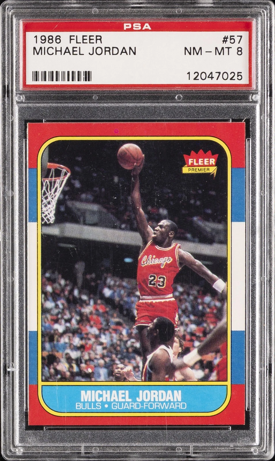 1986 FLEER #57 MICHAEL JORDAN ROOKIE RC PSA 8 — $18,000, 44 bids, ending today on eBay