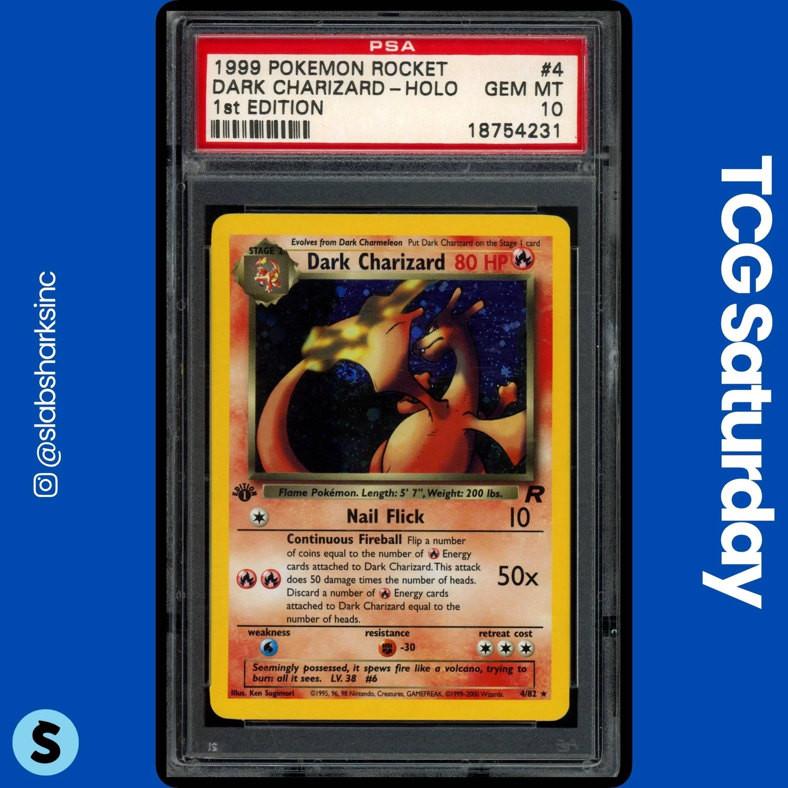 2000 POKEMON TEAM ROCKET FIRST EDITION #4/82 DARK CHARIZARD HOLO RARE PSA 10 — $21,575, 84 bids, ending today on eBay