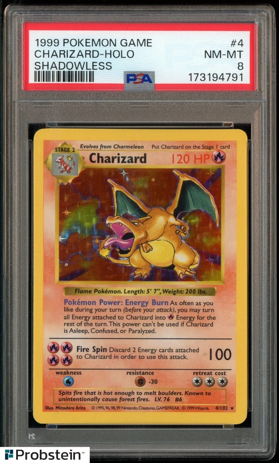 1999 Pokemon Game Charizard Holo Shadowless #4 PSA 8 "HOT"! — $5,588, 187 bids, ending today on eBay