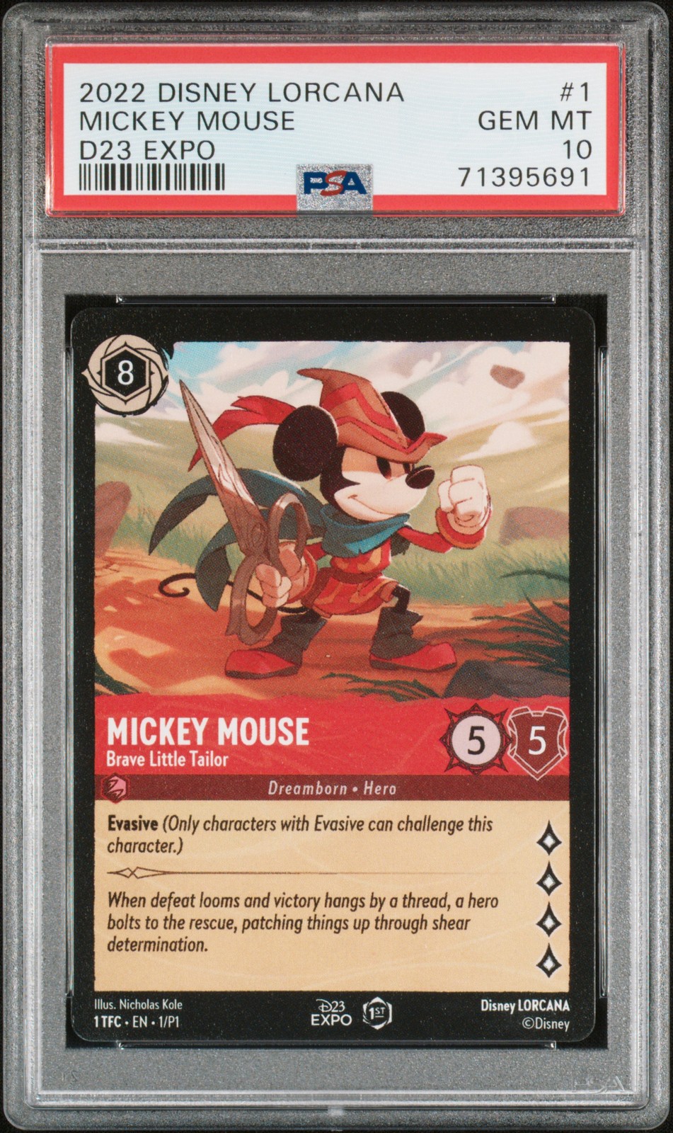 2022 DISNEY LORCANA PROMO D23 EXPO #1 MICKEY MOUSE - BRAVE LITTLE TAILOR PSA 10 — sold for $9,205 on eBay