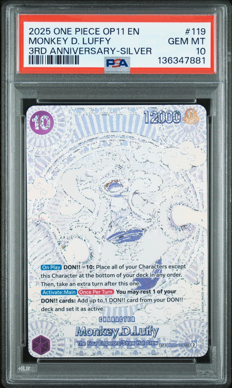 OP MONKEY D. LUFFY 2025 OP11-A FIST OF DIVINE SPEED #119 3RD ANNIV-SILVER PSA 10 — sold for $14,900 on eBay
