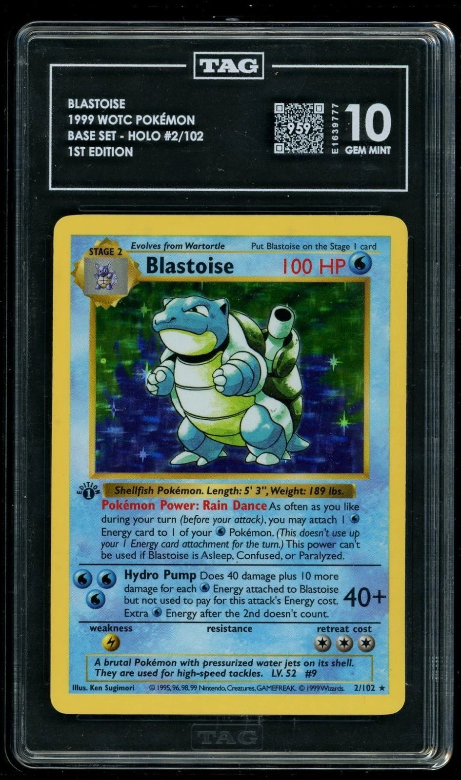 POKEMON SHADOWLESS BLASTOISE 1999 WOTC #2/102 BASE SET - 1ST EDITION HOLO TAG 10 — $30,200, 75 bids, ending today on eBay