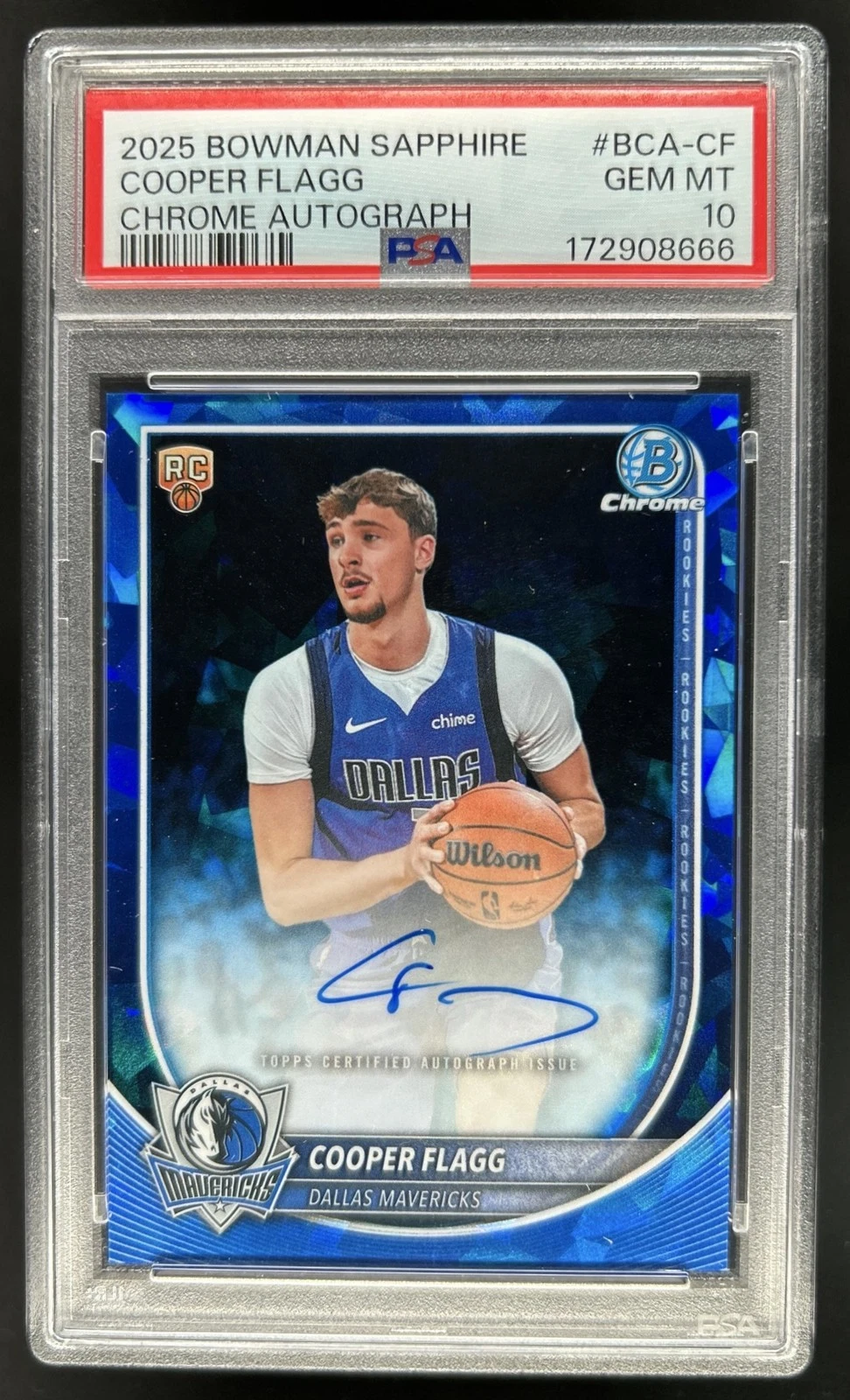 2025 Bowman Sapphire Cooper Flagg Chrome Auto Rookie RC #BCA-CF Mavericks PSA 10 — $12,700, 89 bids, ending today on eBay