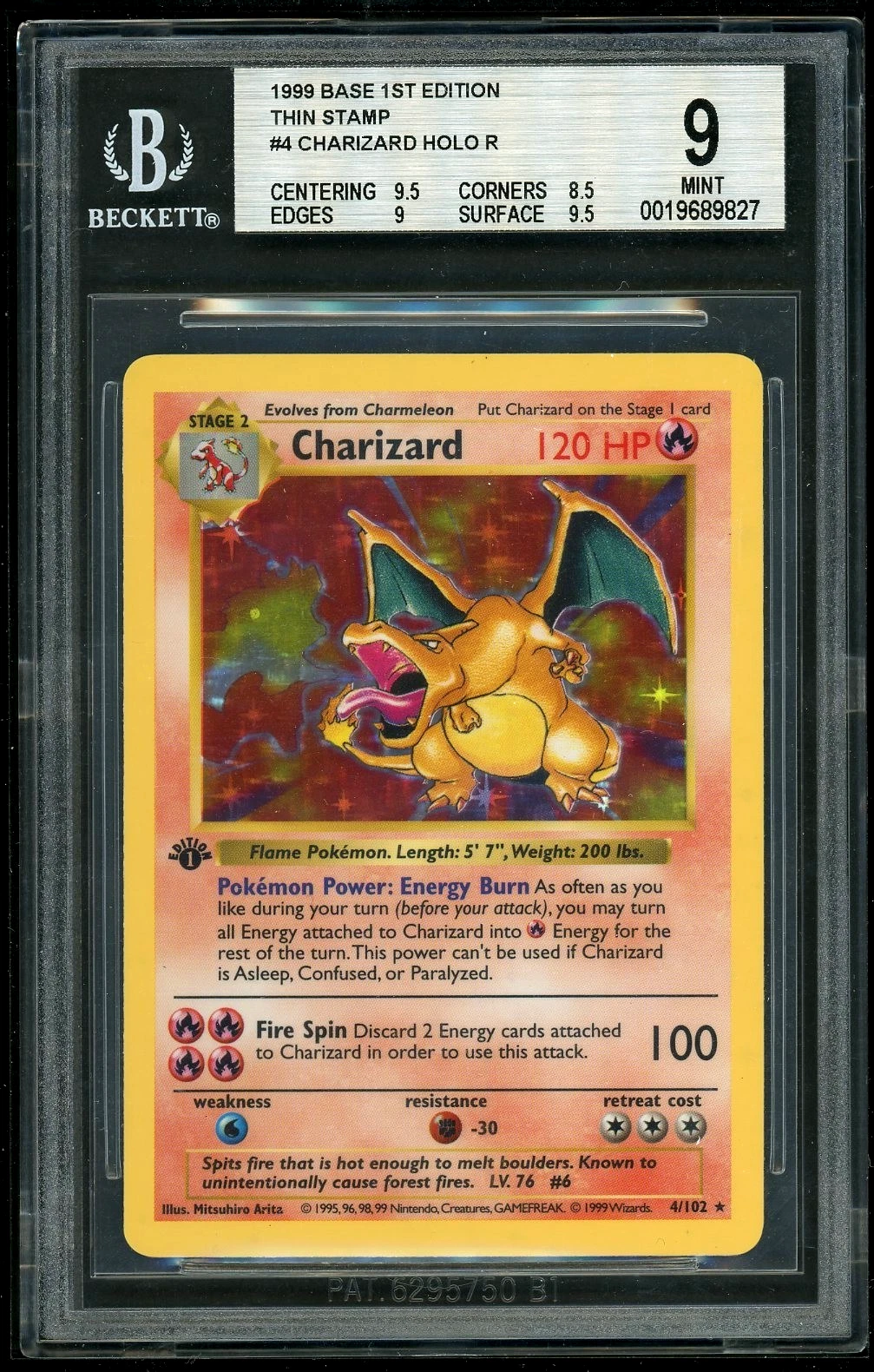 1999 1st Edition Base Set Shadowless Charizard Holo #4 THIN STAMP BGS 9 — $41,300, 123 bids, ending today on eBay