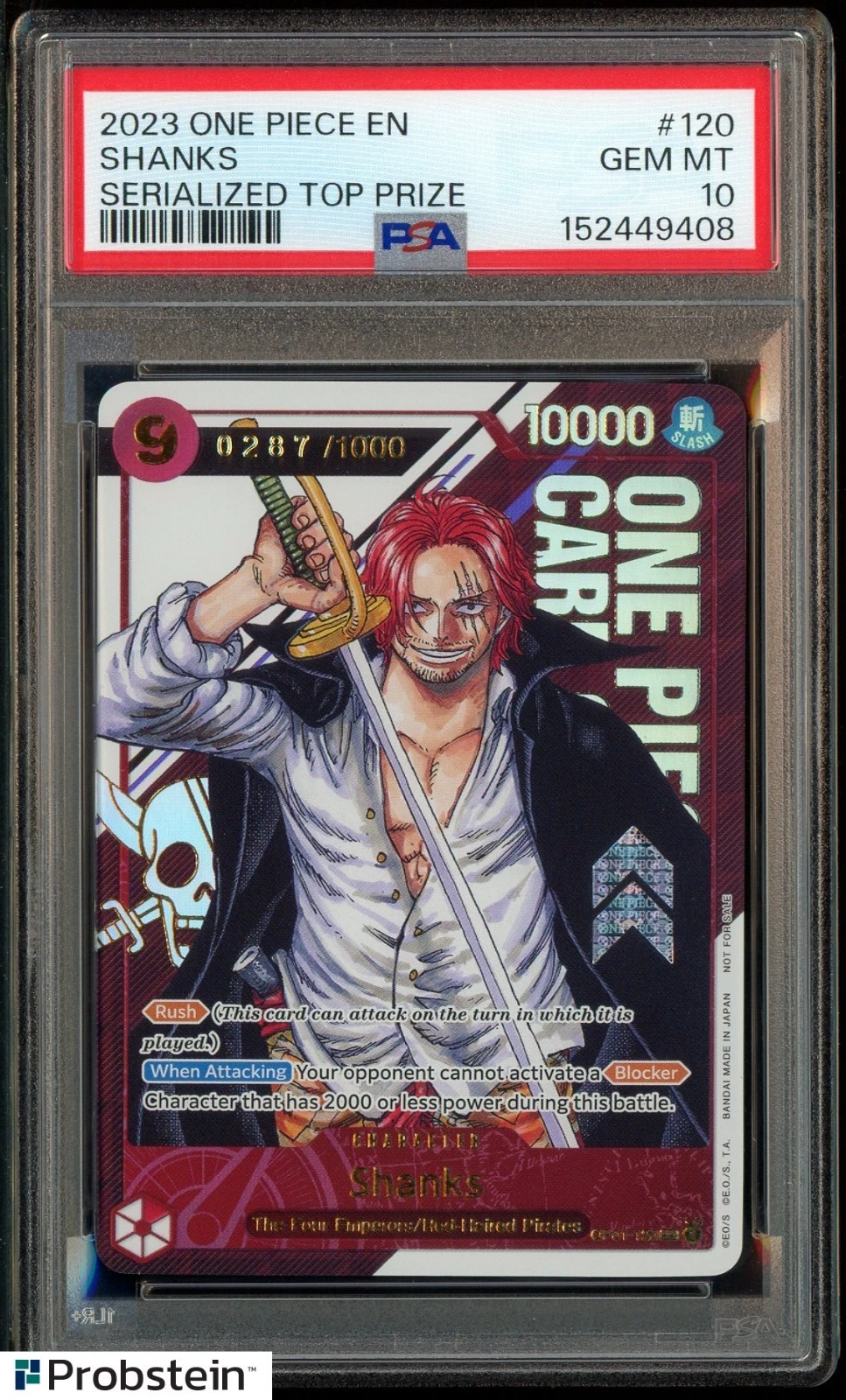 2023 One Piece EN Serialized Top Prize #120 Shanks PSA 10 GEM MINT 0287/1000 — $10,100, 75 bids, ending today on eBay