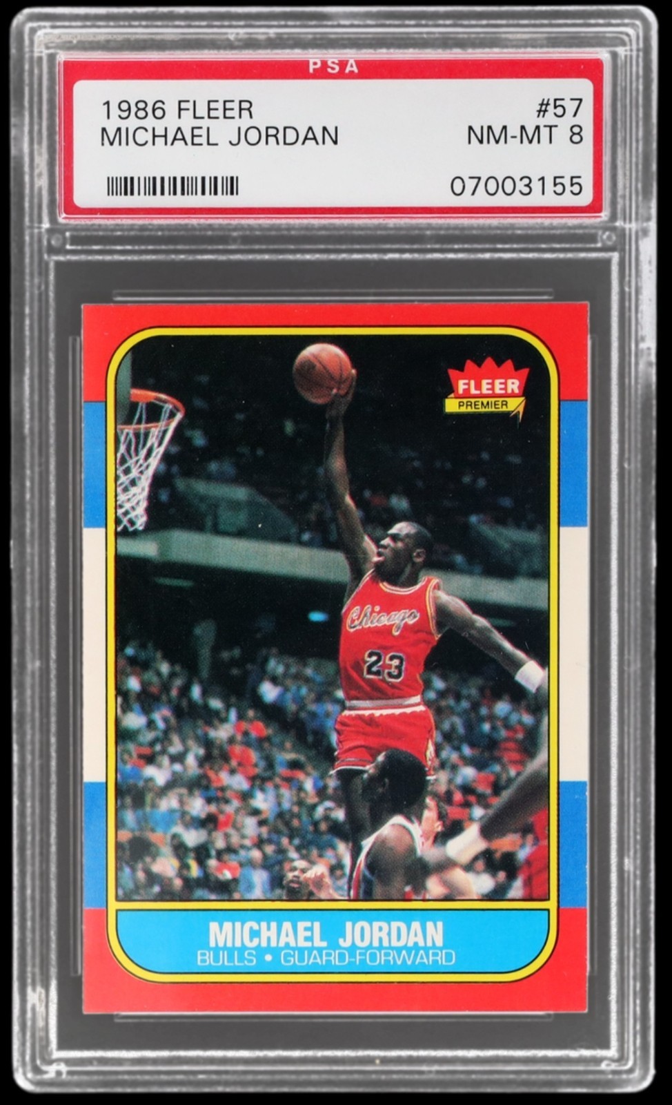 1986 Fleer #57 Michael Jordan rookie in a PSA 8 holder, sold for $18,495 on eBay