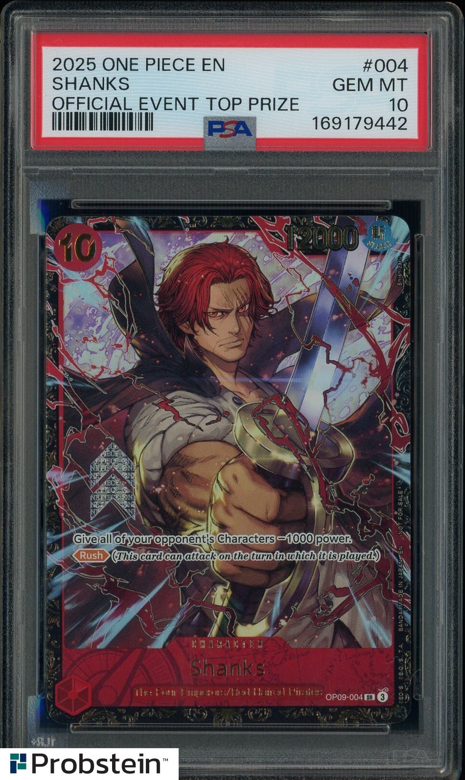 2025 One Piece En Official Event Top Prize #004 Shanks PSA 10 GEM MINT — sold for $11,900 on eBay