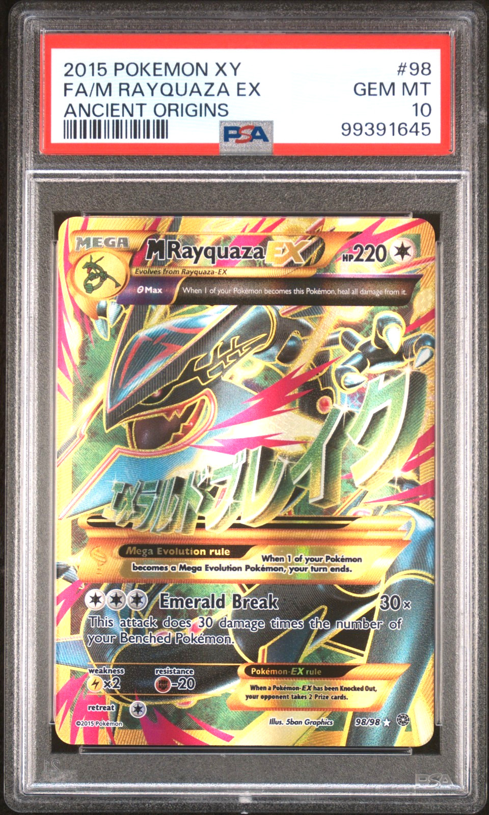 2015 POKEMON XY FA/M RAYQUAZA EX ANCIENT ORIGINS #98 PSA 10 — sold for $10,000 on eBay