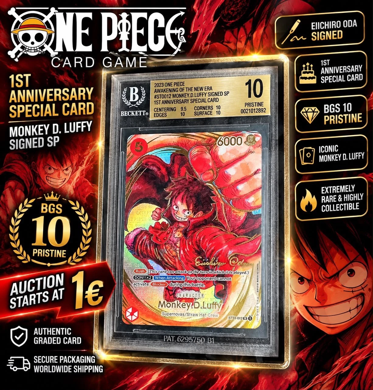 One Piece Luffy ST01-012 Oda Signed SP BGS 10 Pristine 1st Anniversary ENG — $17,991, 87 bids, ending today on eBay