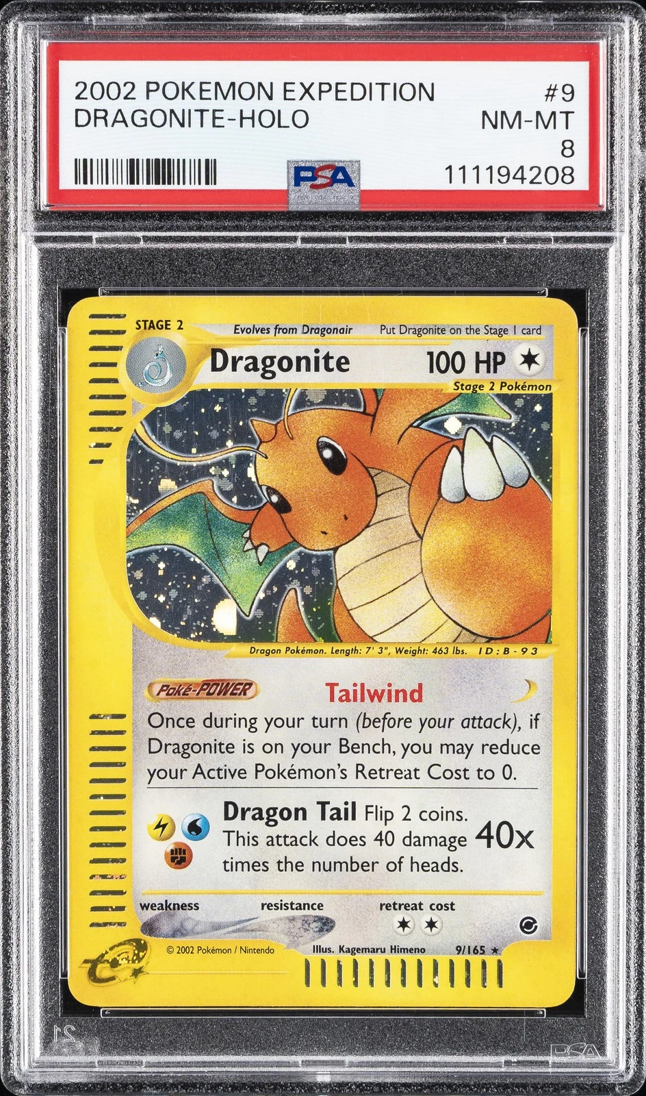 A 2002 Pokemon Expedition #9 Dragonite-Holo graded PSA 8, sold for $7,150.00 on eBay on 2026-10-27