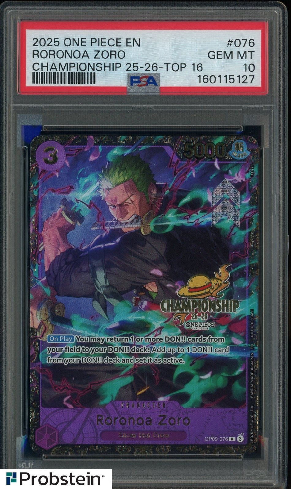 2025 One Piece EN Championship 25-26 Top 16 #076 Roronoa Zoro PSA 10 — sold for $8,700 on eBay