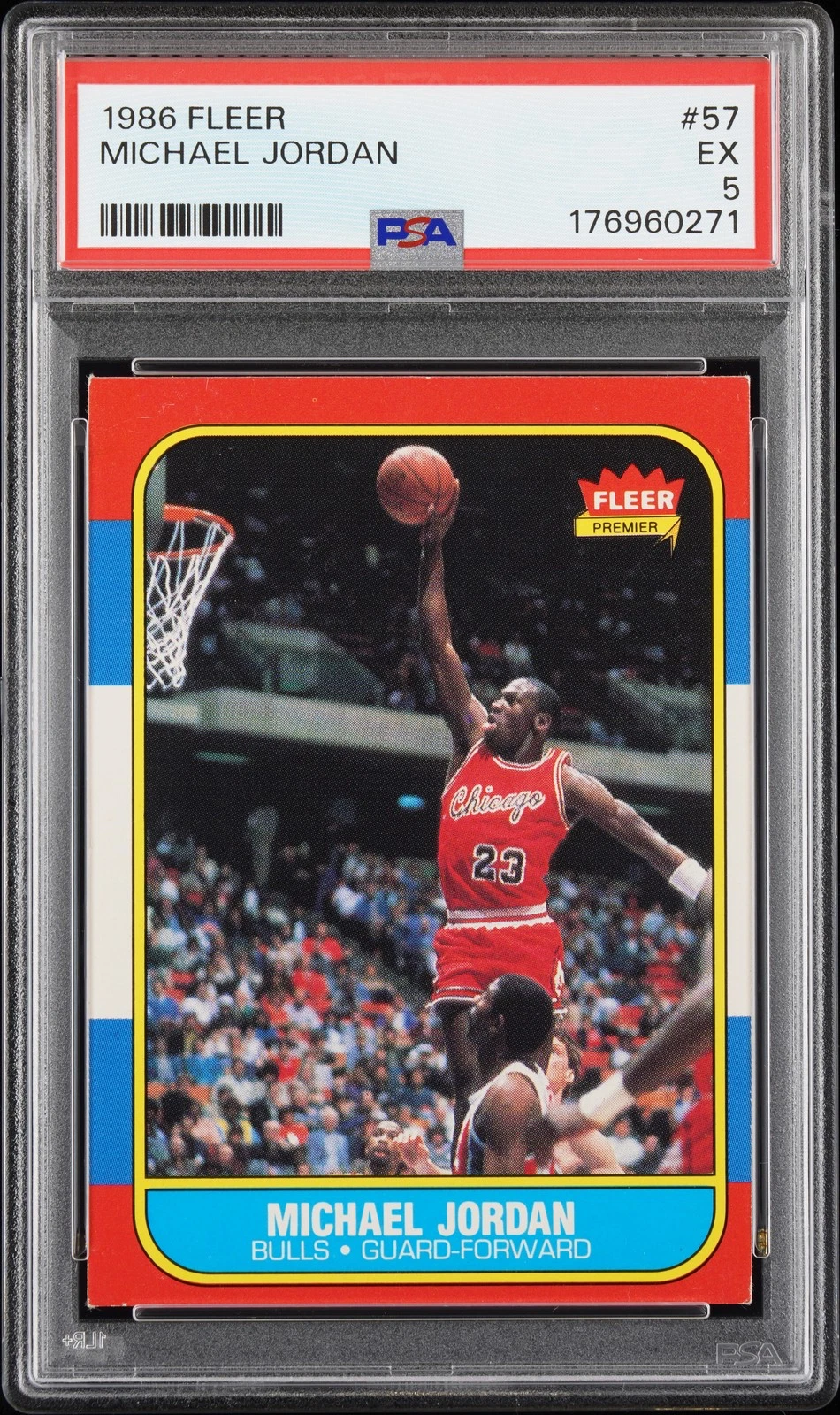 1986 Fleer #57 Michael Jordan rookie card in a PSA 5 holder, sold for $8,357 on eBay