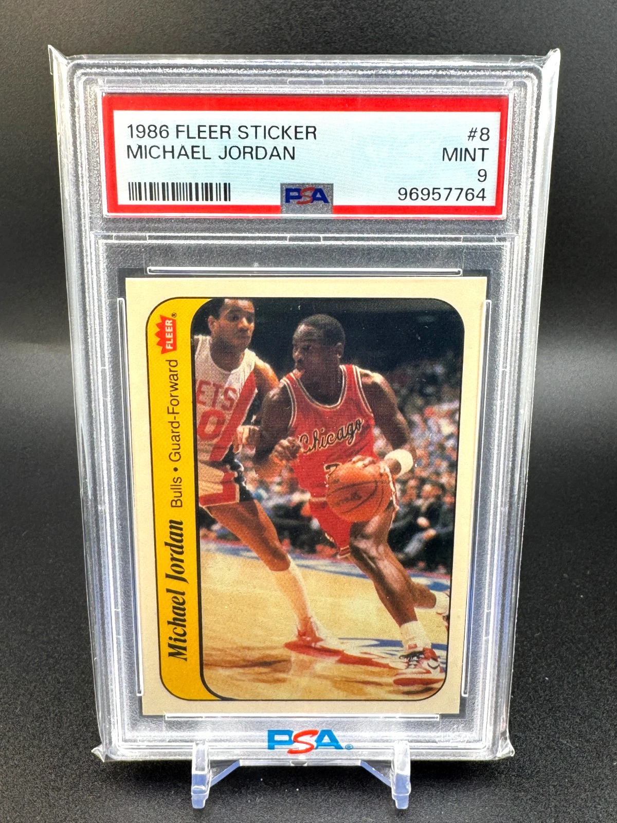 1986 Fleer Stickers #8 Michael Jordan rookie graded PSA 9, sold for $9,424.00 on eBay